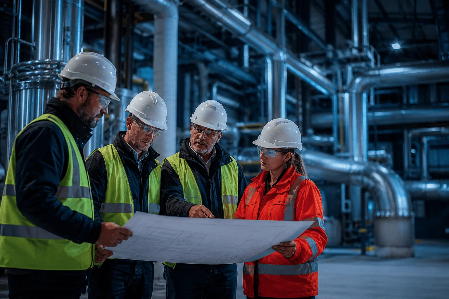 Commercial insulation project team reviewing facility plans