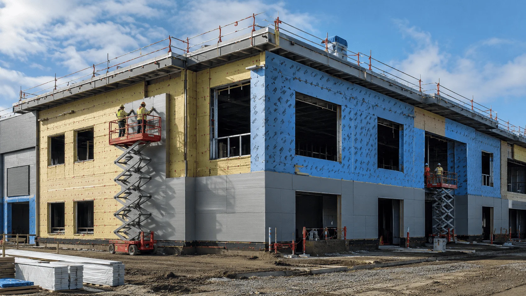 Commercial building envelope insulated across walls and roof deck
