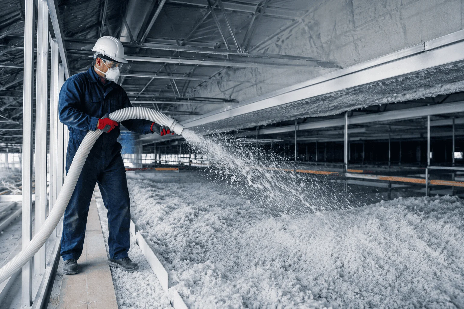 Blown-in insulation filling a commercial ceiling cavity