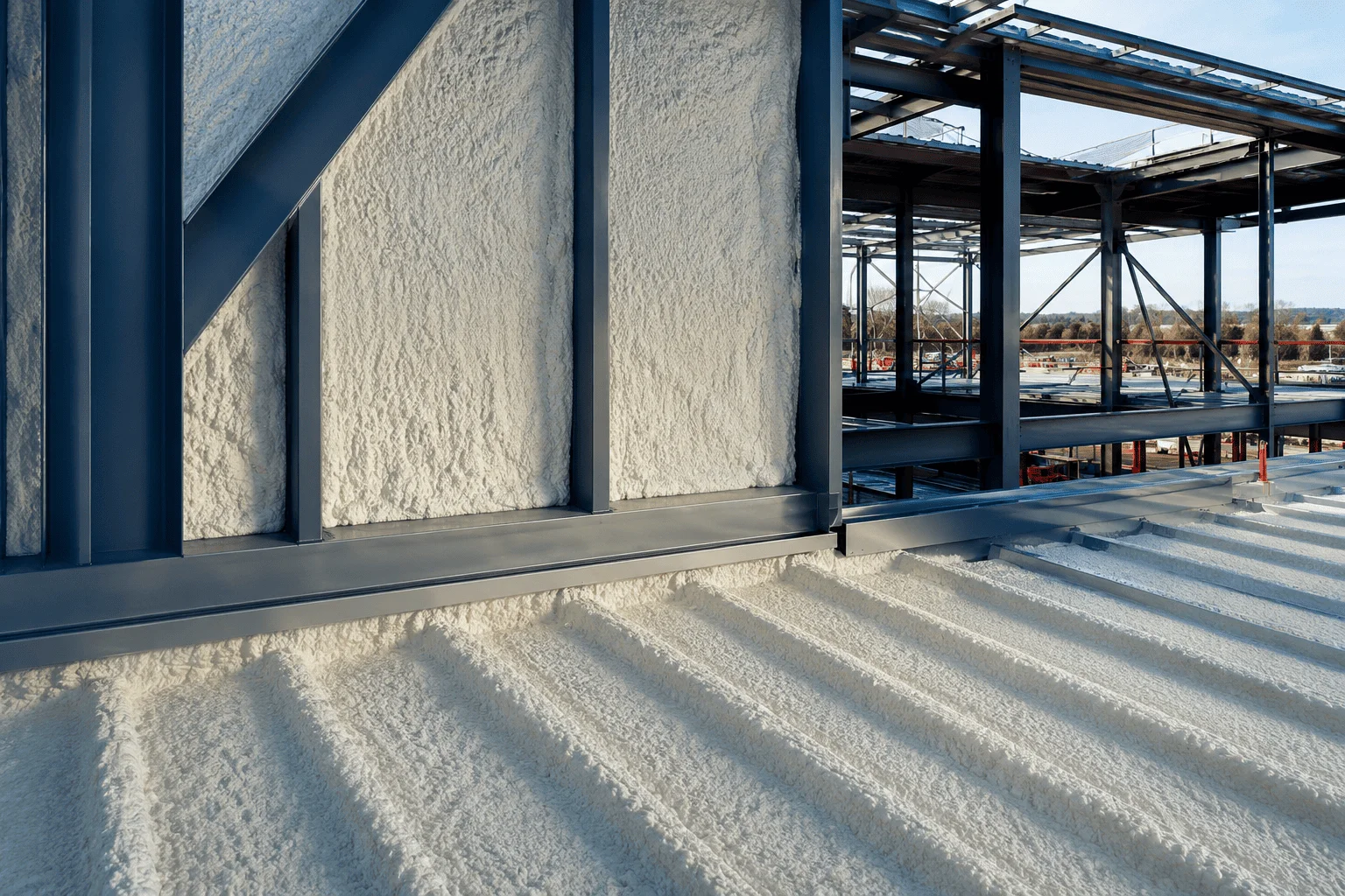 Closed-cell spray foam along a commercial metal roof assembly