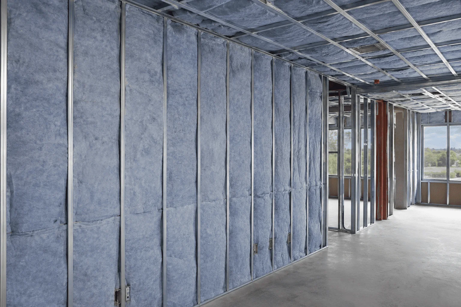 Commercial fiberglass batts in a framed wall assembly